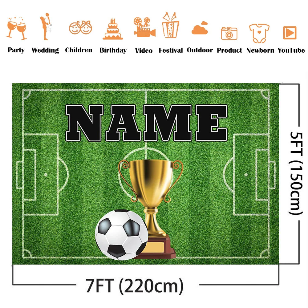 Football Backdrop Customize Name Golden Trophy Photo Booth Background Boy Birthday Soccer Field Sports Poster Baby Shower Banner