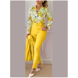 Fashion Printed Long Sleeved Shirt Women Suit Spring Autumn Slim Fit Shirtlace Up Pencil Pants Elegant Female Office 2 Piece Set