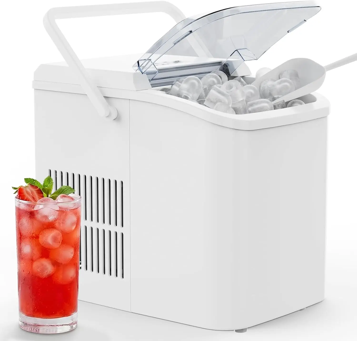 

Портативная машина для производства льда, 26 фунтов за 24 часа, с функцией автоматической очистки, корзиной и совком для дома, кухни, кемпинга - белая