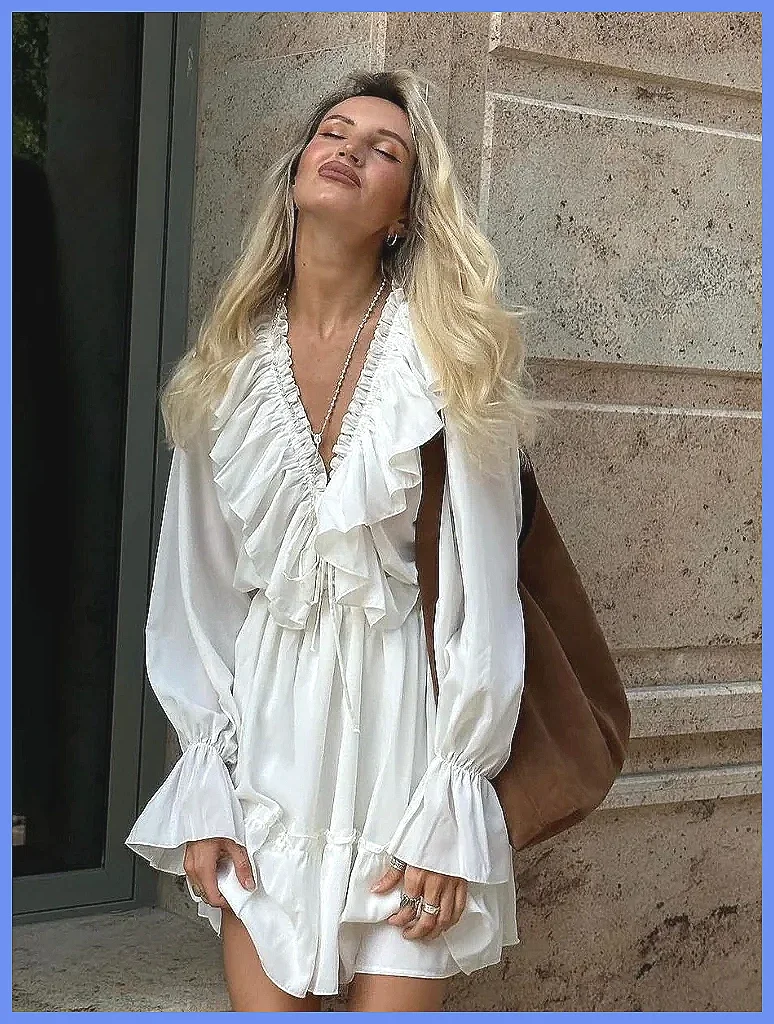 White Ruffle V-Neck Mini Dress with Bell Sleeves | Drawstring Waist Summer Dress for Women
