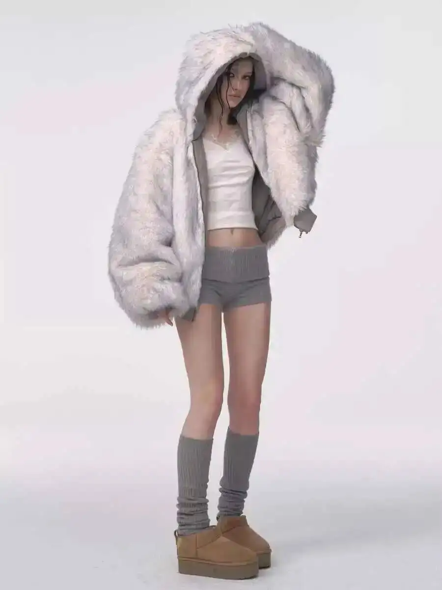 Abrigo de piel sintética para mujer, abrigo de piel Retro americano de invierno, chaqueta acolchada de algodón con capucha para mujer, chaqueta informal de felpa Harajuku de gran tamaño