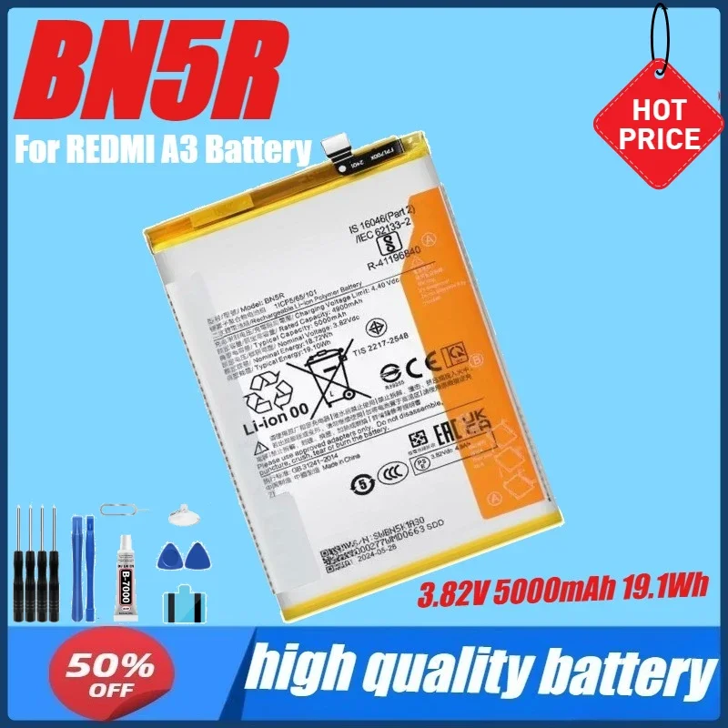 

3.82V 5000mAh 19.1Wh BN5R Battery For REDMI A3 Battery + Tools
