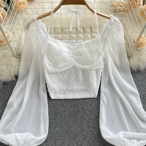 Singgreiyy -Bälle falten kurze Bluse für Frauen, Schnittuhr, langer Schlaf, Halfterblatt, elastische Woche, französische Mode, Strandbluse, Sommer 6 Hauptverkäufe Frauen Praia Camisão - №3