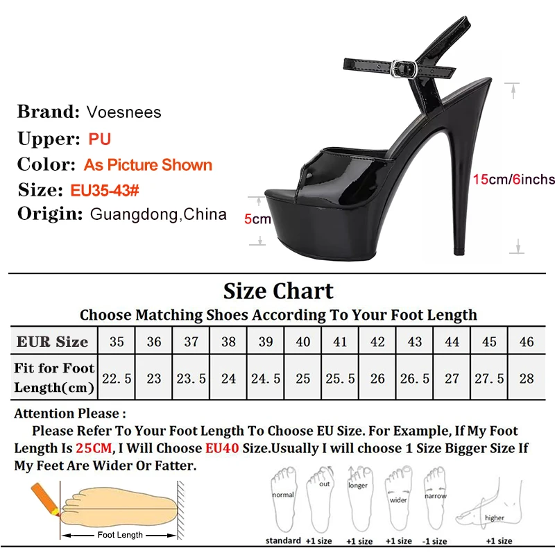 Black Thin Heels 6Inch Platform Sexy Exotic Women Sandals 15cm Peep Toe Pole Dance Shoes Stripper Heels Catwalk Bride Big Size