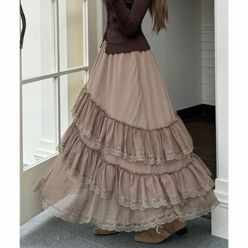 Spring and Autumn Irregular Yarn Skirt Lace Splicing Large Swing Lace Long Multi Layer