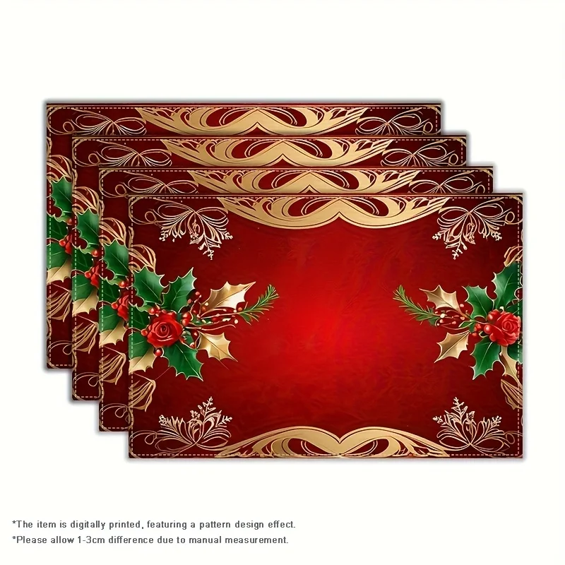 VIKAMA 4/6/8PC Rot Gold Weihnachten Mahlzeit Matte Holly Blätter Rote Beeren Rose Tisch Western Restaurant Weihnachten Party Dekoration
