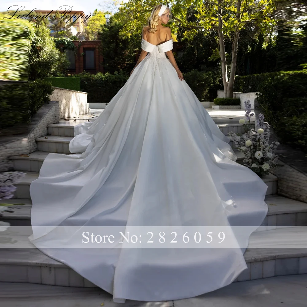 Lceland Poppy Customized Boat Neck Ball Gown Satin Wedding Dresses Crystal Beaded Bridal Gowns with Cathedral Train
