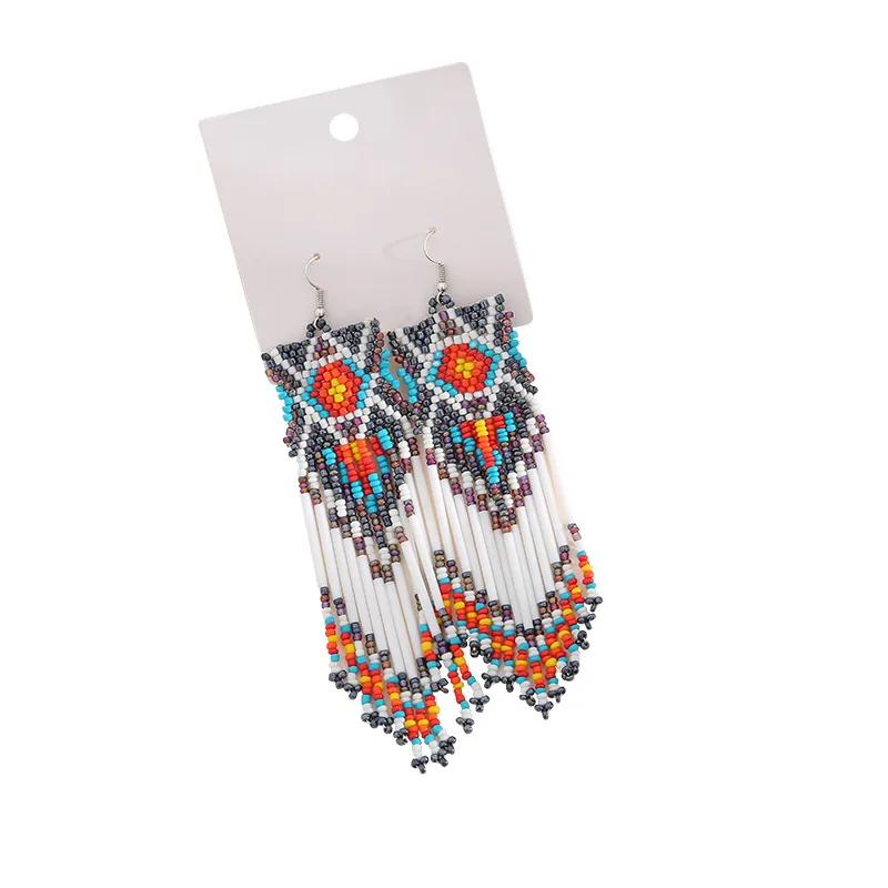 Rice bead earrings Hand woven fashion graphical Long tube Beading Simplicity Bohemia alloy ma\'am Fringed earrings