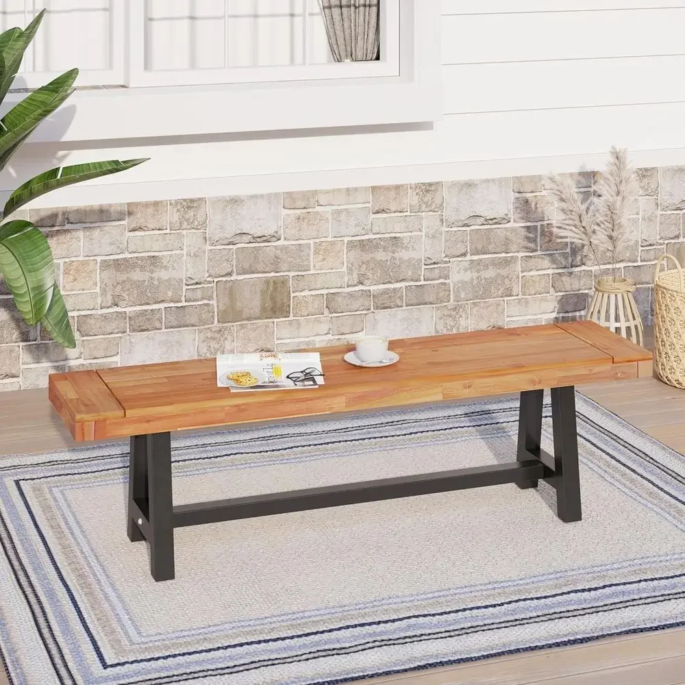 Long Narrow Acacia Wood Outdoor Patio Dining Bench, Weatherproof, 2-Pack