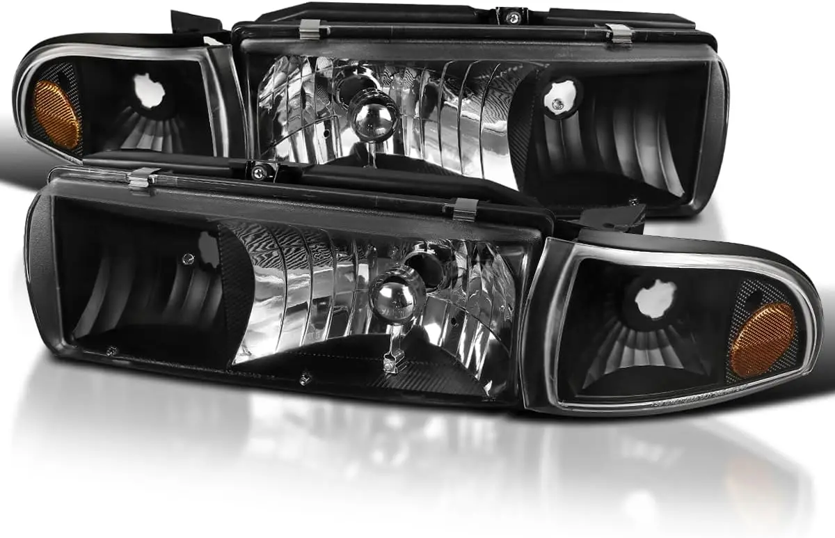 

Black Headlights + Corner Signal Lights Compatible with 1994-1996 Chevy Impala, 1991-1996 Chevy Caprice, Left + Right Pair Head