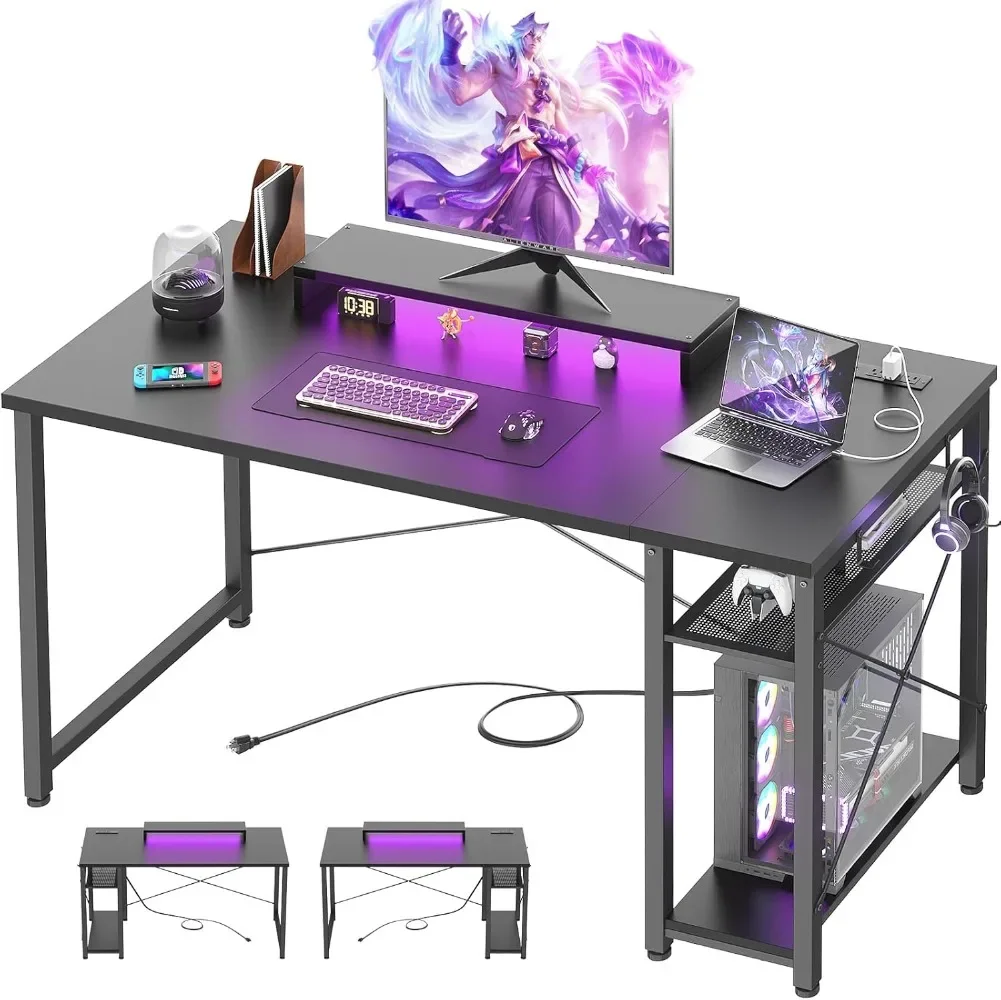 

Gaming Desk with Lights, Reversible Computer Desk with Power Strips, 39.4 Inch Gaming Desk with Moveable Monitor Stand