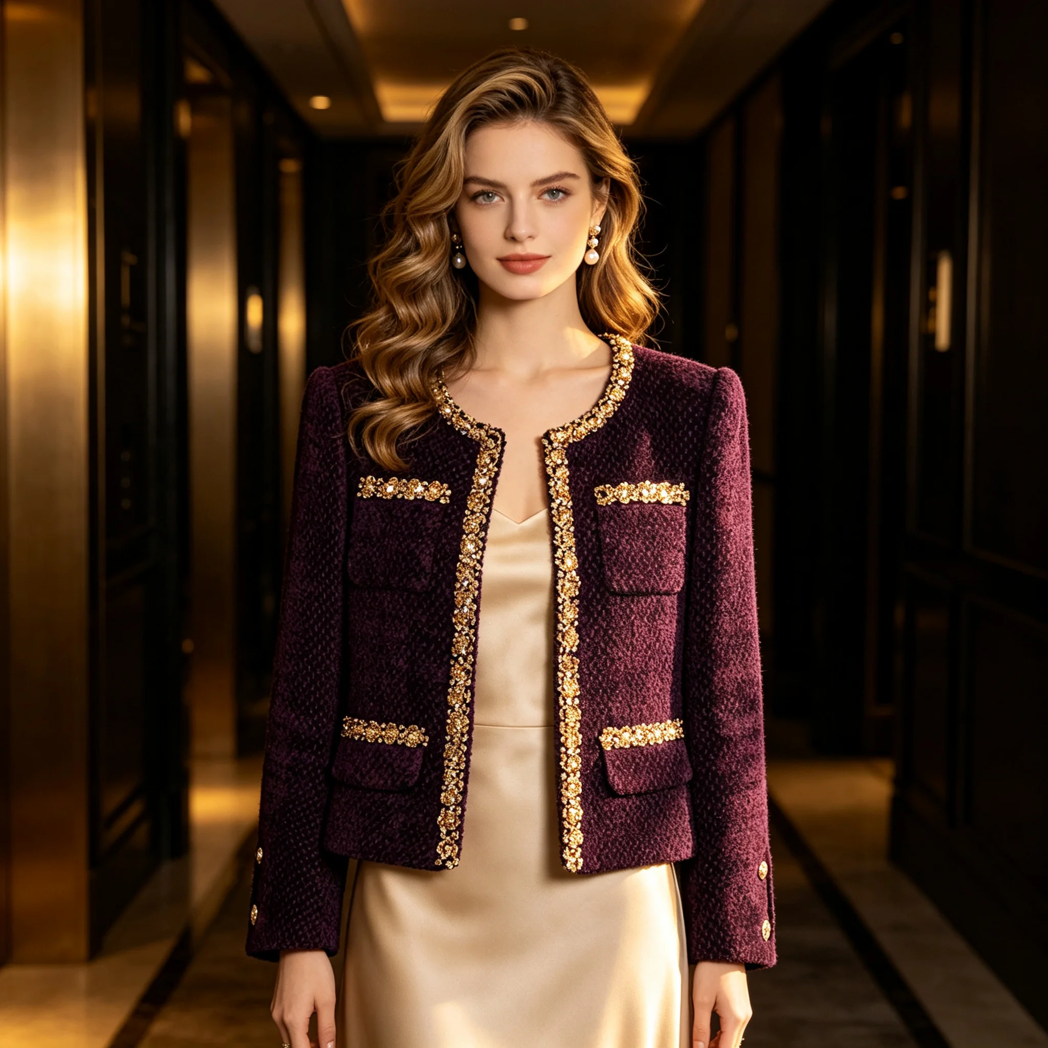Luxury heiress grape purple small-chic tweed coat, haute couture heavy-duty diamond-embellished top
