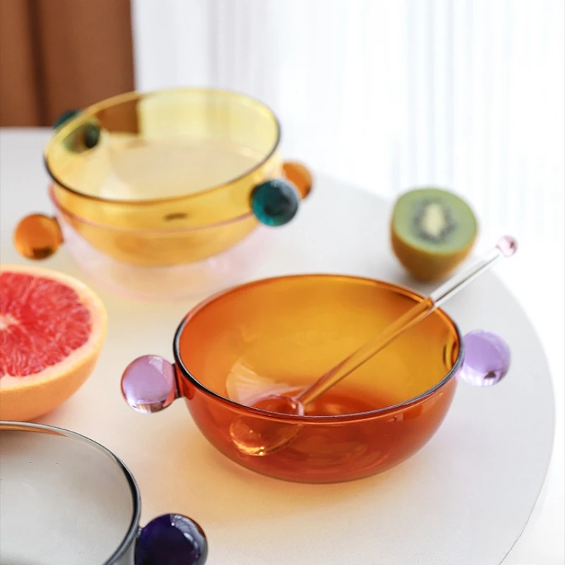 

Витражная чаша для фруктового салата с двойной сферической ручкой, стеклянная чаша, устойчивая к высоким температурам