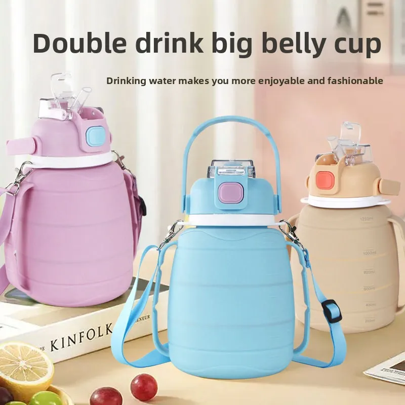 

New Silicone Big Belly Cup Extra Large Capacity Outdoor Folding Kettle Convenient Portable Straw Folding Big Belly Cup