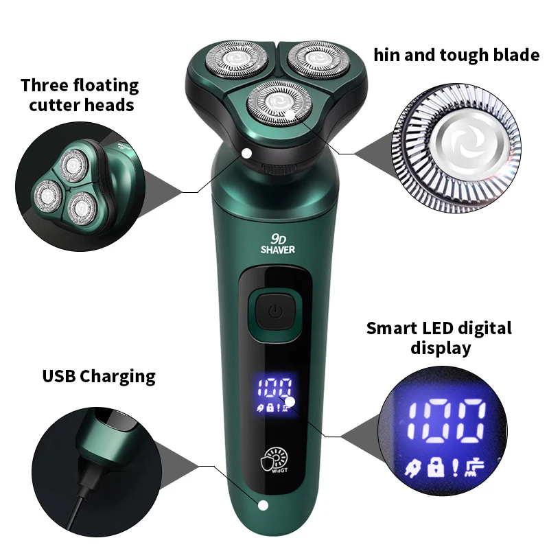 Afeitadora eléctrica inteligente verde con pantalla Digital LCD, maquinilla de afeitar flotante de tres cabezales, recargable por USB, cuchillo