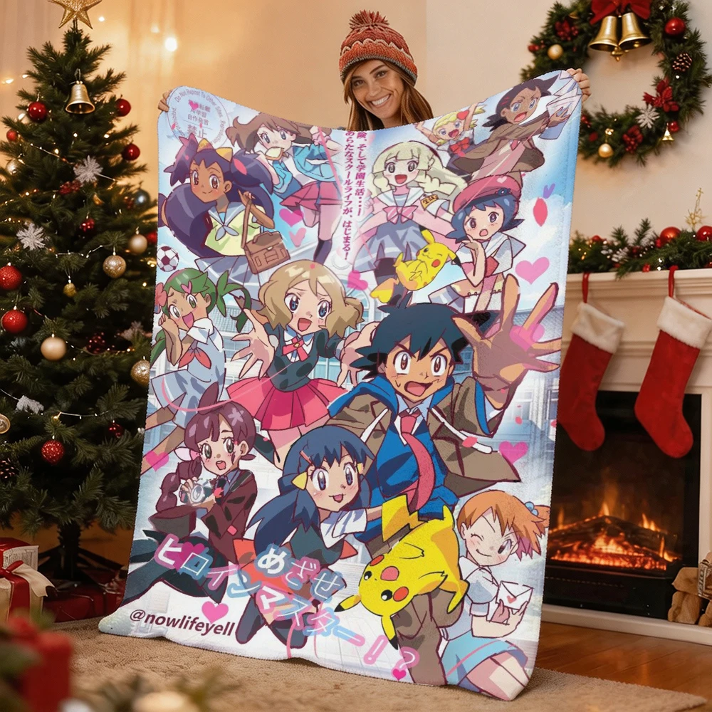 Pokemon Ash Pikachu Misty Dawn Serena Lillie Flannel Throw Blanket Soft Warm Blanket for Sofa Bed Home Decor Kids Gift