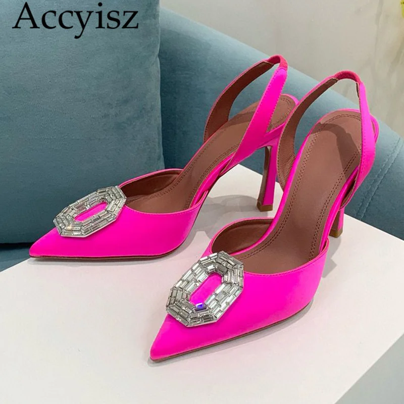 

Summer pointed crystal decorated fashionable sandals for women slim heels shallow mouth solid color sexy office commuting sandas