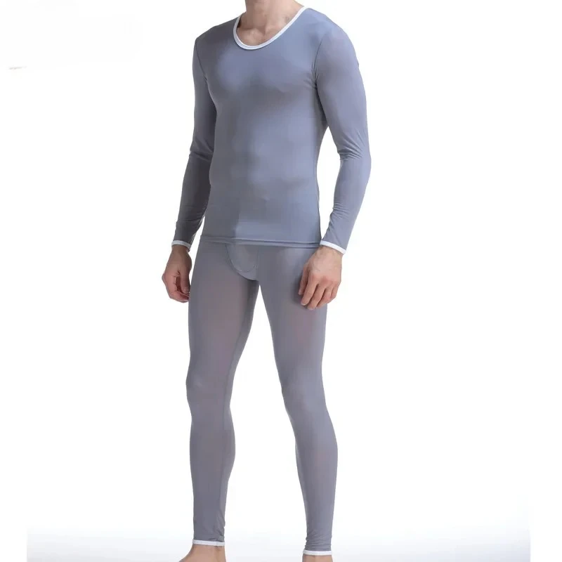 Men Thin Thermal Underwear Set White Trim Round Neck Long Sleeve Top Long Johns Slim Soft Lightweight Base Layer Warm Lingerie