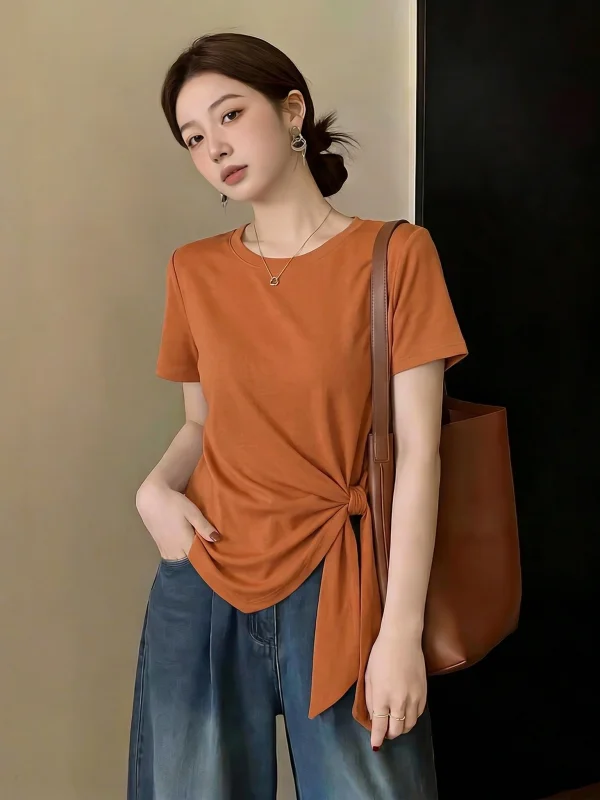 Women's Pumpkin Orange Short Sleeve T-Shirt Summer New Style plus Size Belted Waist Tie-Back Asymmetrical Top Korean Style