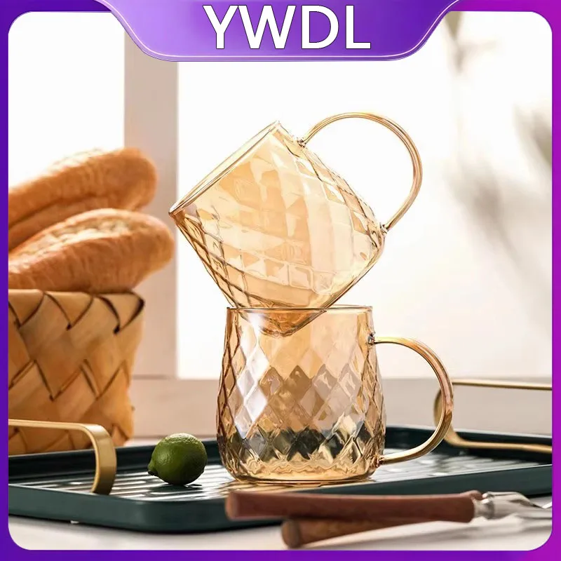 YWDL 1/2 stücke Diamant Strukturierte Glas Tasse Goldene Teetasse Becher Mit Griff Haushalt Obst Tee Kaffee Milch Drink Taacup 380 ml