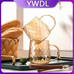 YWDL 1/2pcs Diamond Textured Glass Cup Golden Teacup Mug With Handle Household Fruit Tea Coffee Milk Drinkware Taacup 380ml