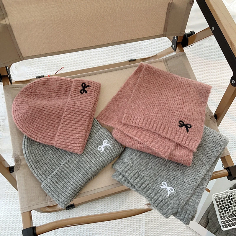 Kids Knitted Hats Scarfs Set Cute Bow Embroidered Children\'s Warm Beanie Cap Winter Child Solid Color Thick Soft Girls Baby Cap