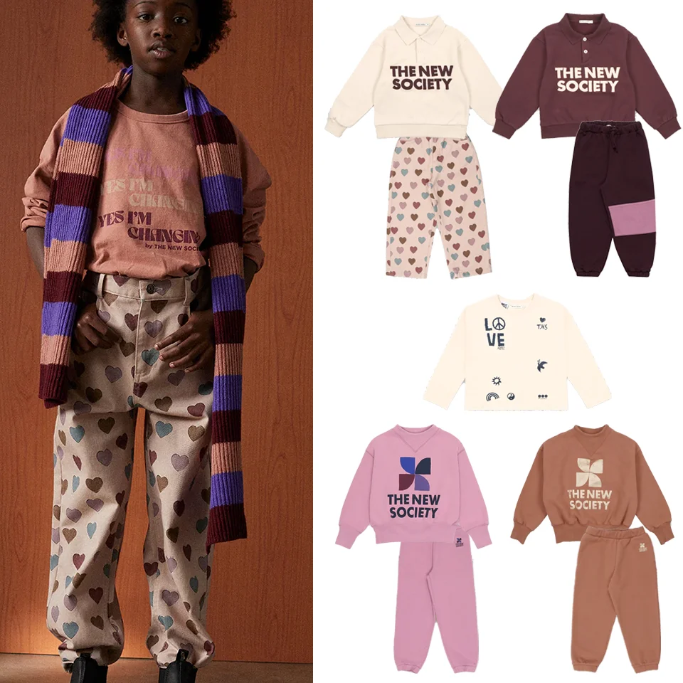 TNS Lapel Top Heart Printed Pants Fleece Sweatshirt Suit Cotton Casual Fation Autumn Winter Boys Girls Children's Set