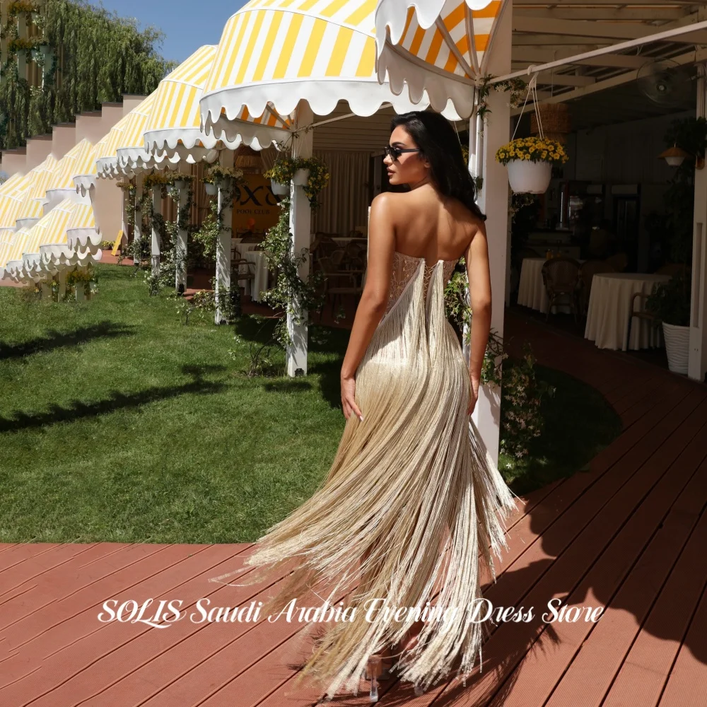 SOLIS Elegant Champagne Deep V Evening Dress Long Fringe Prom Gown Crystal Plunge Lace Up Back High Low Party Dresses Customized