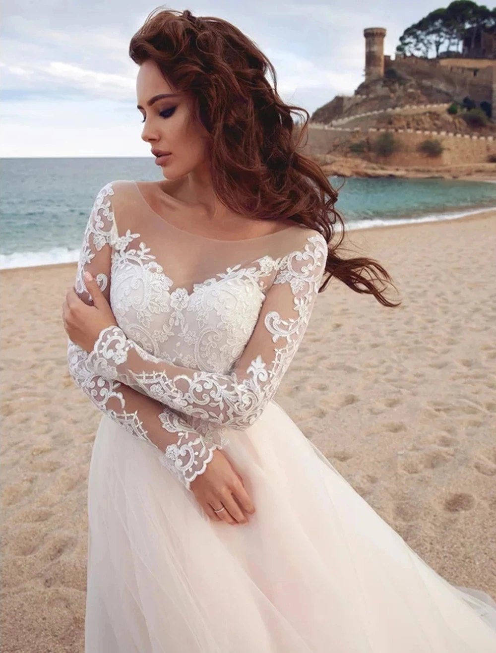 Iridescent Sexy Long Sleeves Appliques See Through Neck Simple Beach Boho Wedding Dresses Lace Bridal Dresses Vestido De Noiva