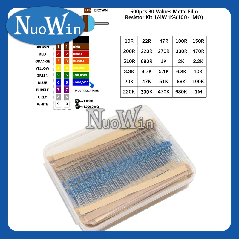 

600pcs/Lot 1/4W 10 ohms - 1M Metal Film Resistor Kit Resistance Set 1% 30ValuesX20pcs DIY Pack 10 ohms - 1M