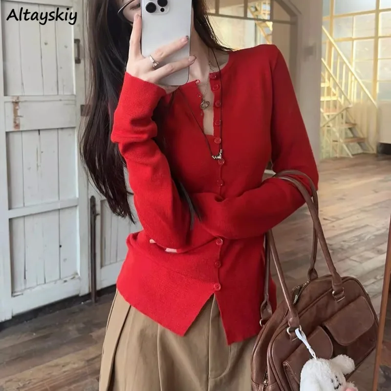 

Cardigans Women Red Long Sleeve Single Breasted Designed Tighten Waist Elegant Temperament Ulzzang Casual All-match Girls Autumn