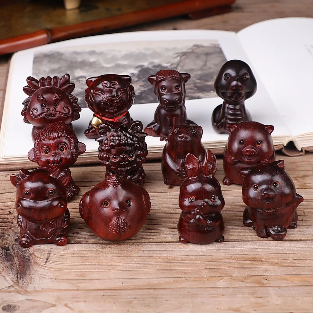 Purple Sandalwood Carving Twelve Zodiac Animal Statues Mini Cartoon Snake Chick Monkey Cattle Ornaments About 5-6CM,As a gift