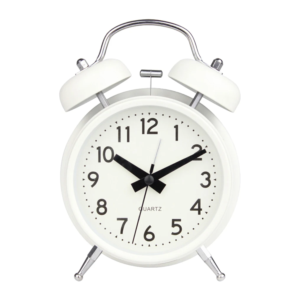 

4 Inch Creative Metal Small Alarm Clock Desktop Round Ring Bell Clock Night Light Kids Alarm Clock Without (White)