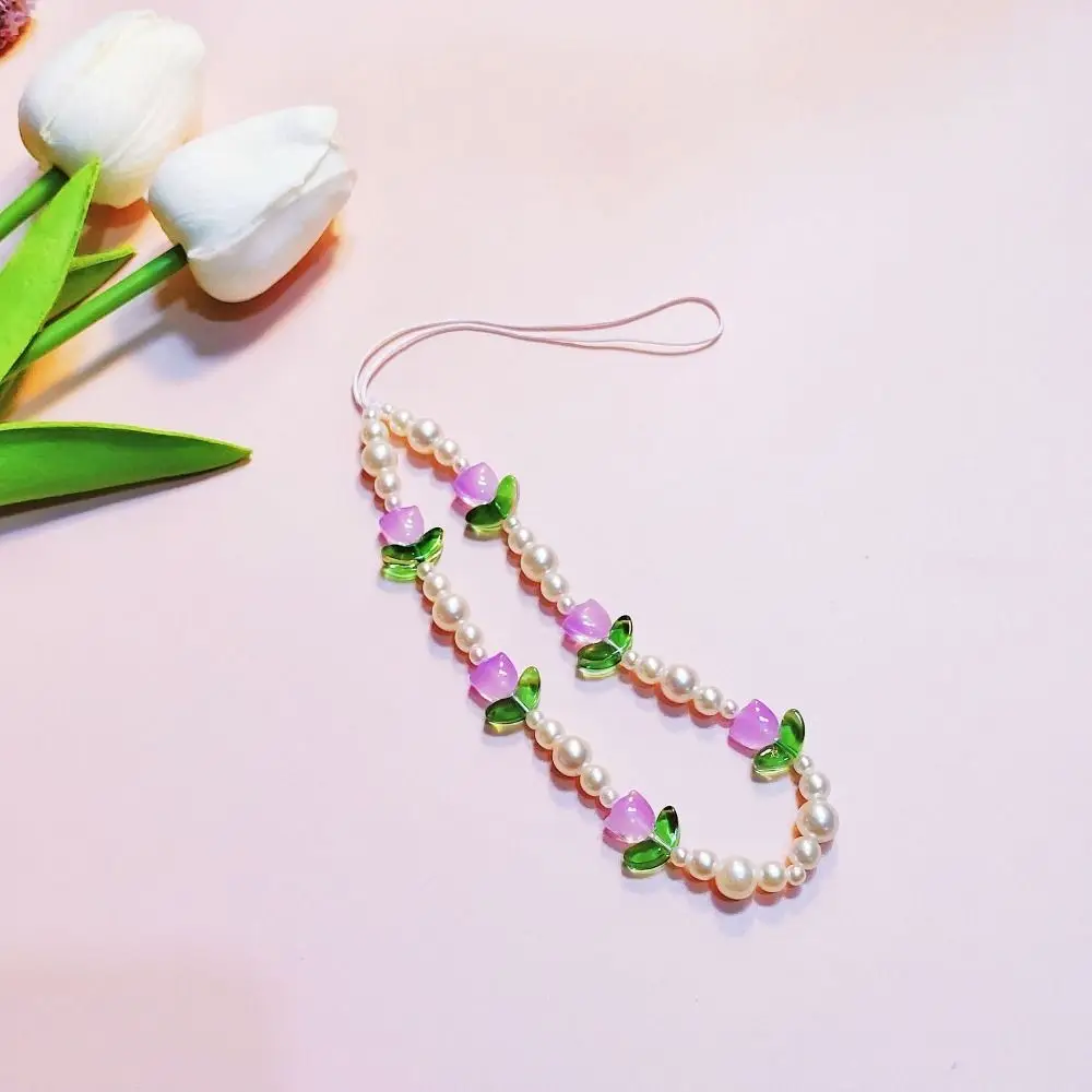 Perle di perle Tulip Bead Phone Charm Strap Flower Tulip Tulip catena per cellulare fiori di vetro colorati cinturino per cellulare con perline