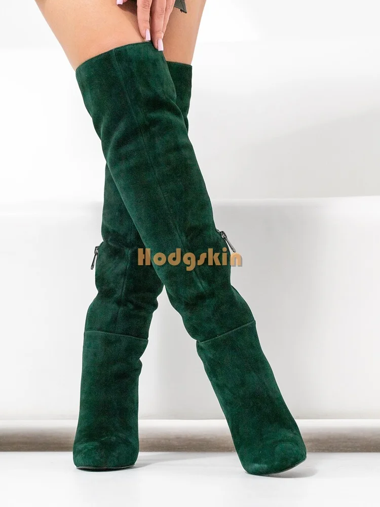 Suede Dark Green Knee-high Boots Retro Pointed Solid Side Zipper Square Heel Modern Boots Women Fashion Shoes 2025 New Winter