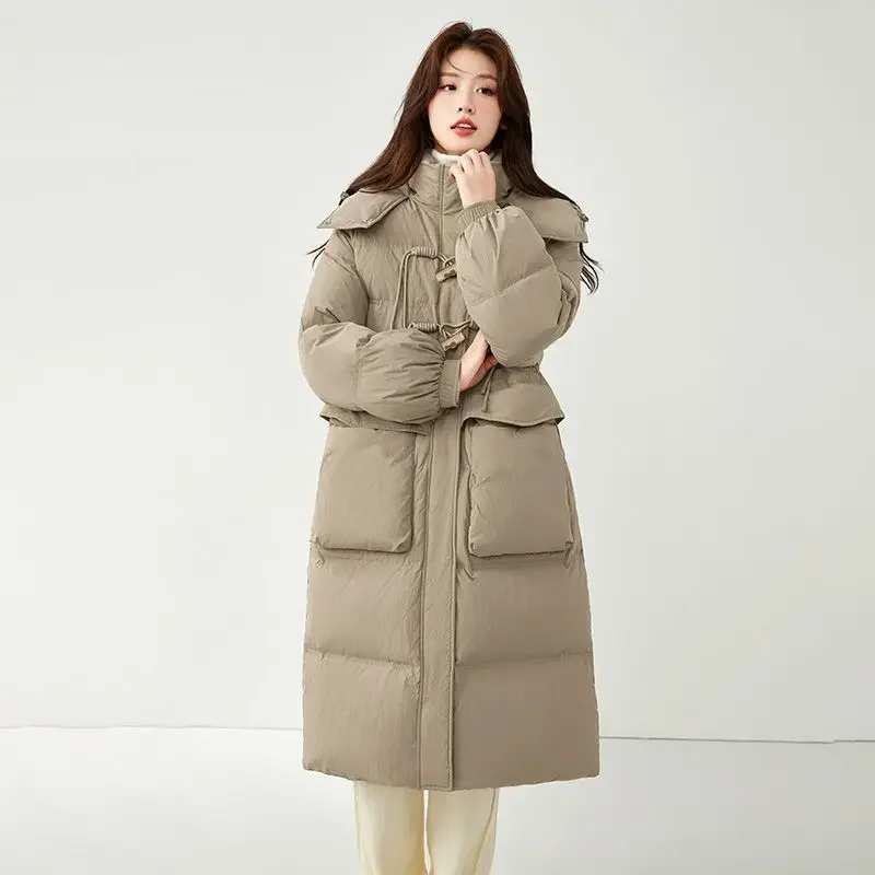 Winter New Women's Down and Cotton Jacket Loose Commuting Windproof Hooded Warm Cow Horn Buckle Parkas