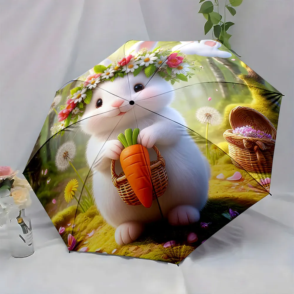 1PC Charming Bunny in Floral Wonderland Print 8 Iron Ribs Folding Umbrella Auto-Open Fashion Sunshade