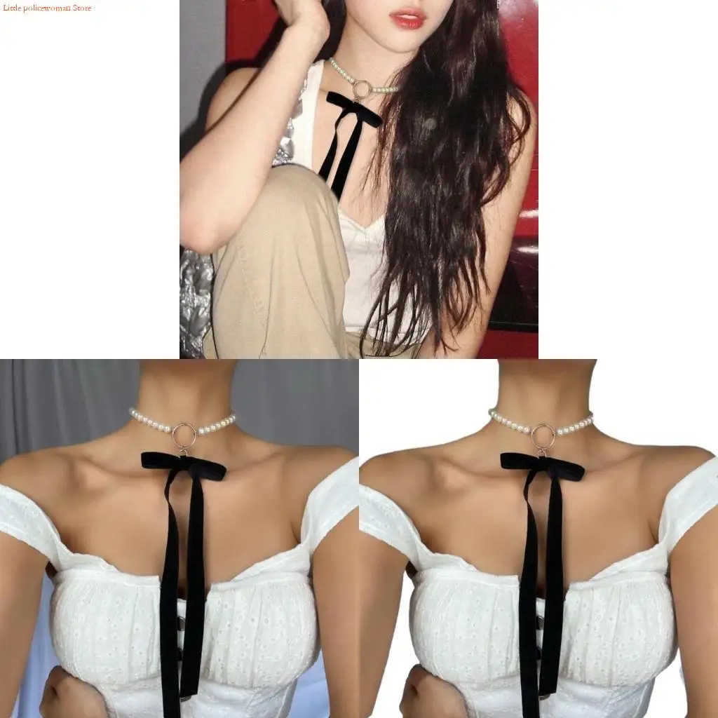 F92D Fashion Temperament Tassels Jewelry Novel Exaggerated Necklace Simulated Pearl Flannel Combination Bowknot Necklace