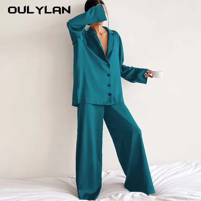 Pyjama Sexy en Satin Respzed pour Femme, Coupe Basse, Simple Boutonnage, Manches sulf, Pantalon à Jambes Larges