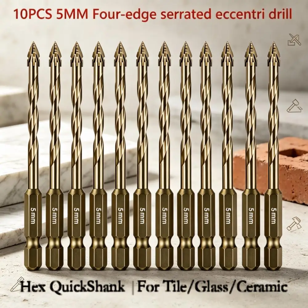 10Pcs 4/5/6/8mm Size Head Ceramic Drill Bit, Four Serrated Edges Dry Drill Bit for Porcelain Tile Marble Concrete Wall Drilling