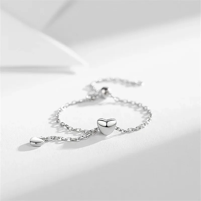 925 Sterling Silver Tassle Link Chain Heart Charm Finger Ring For Women Girls Wedding Party Jewelry