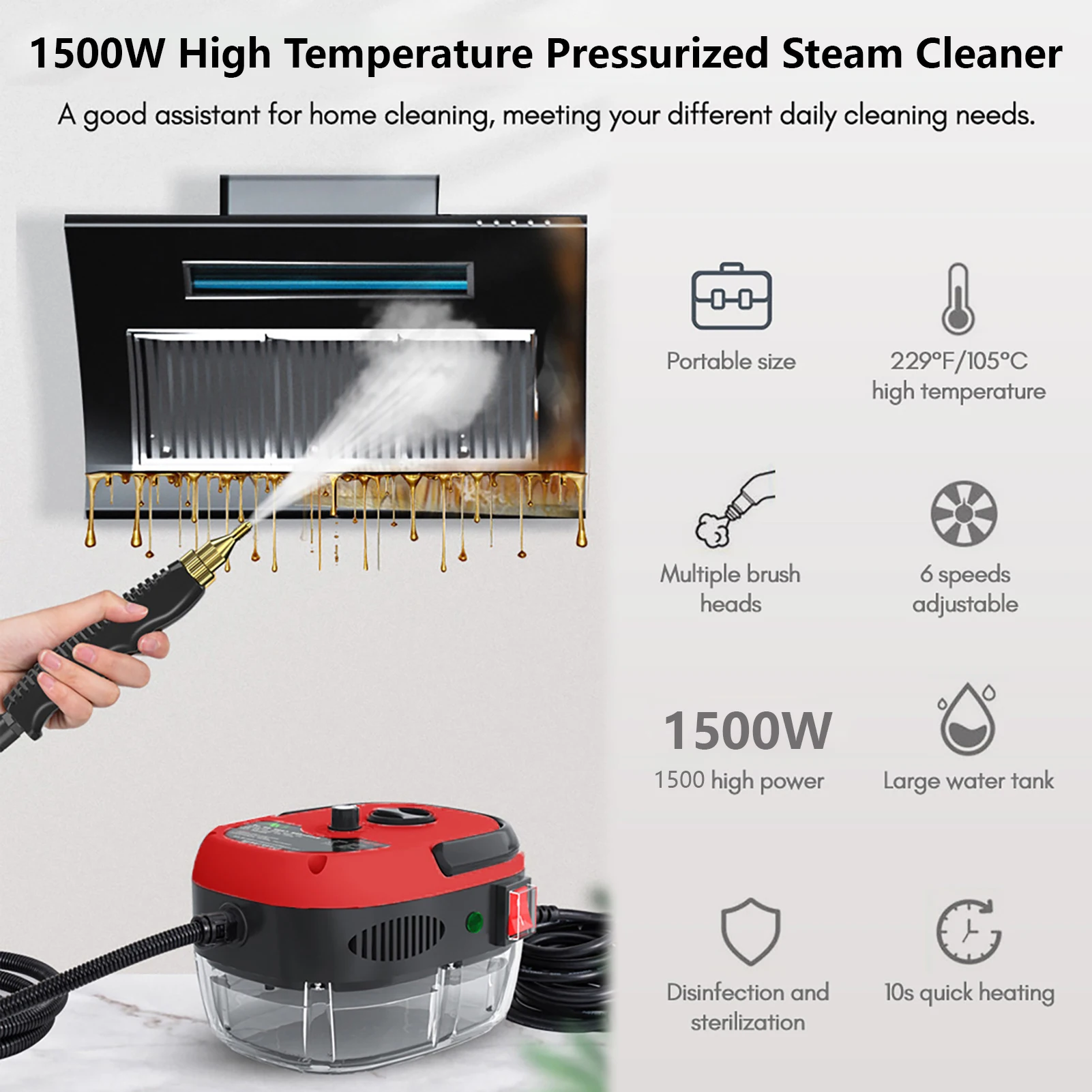 1500W Portable Handheld Steam Cleaner High Temperature Pressurized Steam Cleaning Machine with Brush Heads for Kitchen Cleaning