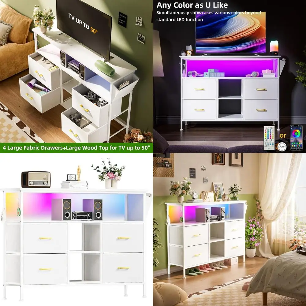 

Комод для спальни с 4 ящиками, тумба под ТВ, розетками, LED-подсветкой, тканевыми ящиками и отделениями, боковыми карманами и крючками для телевизора до 50 дюймов
