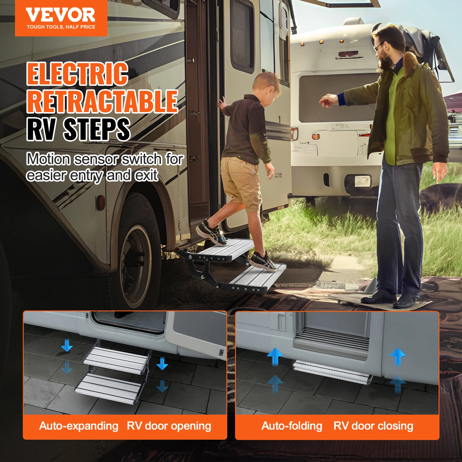 VEVOR RV Steps, 2-Step, Electric Retractable RV Stairs DC 12V, Auto-Folding, 440 LBS Load Capacity, Aluminum Alloy Steps, Non-Sl