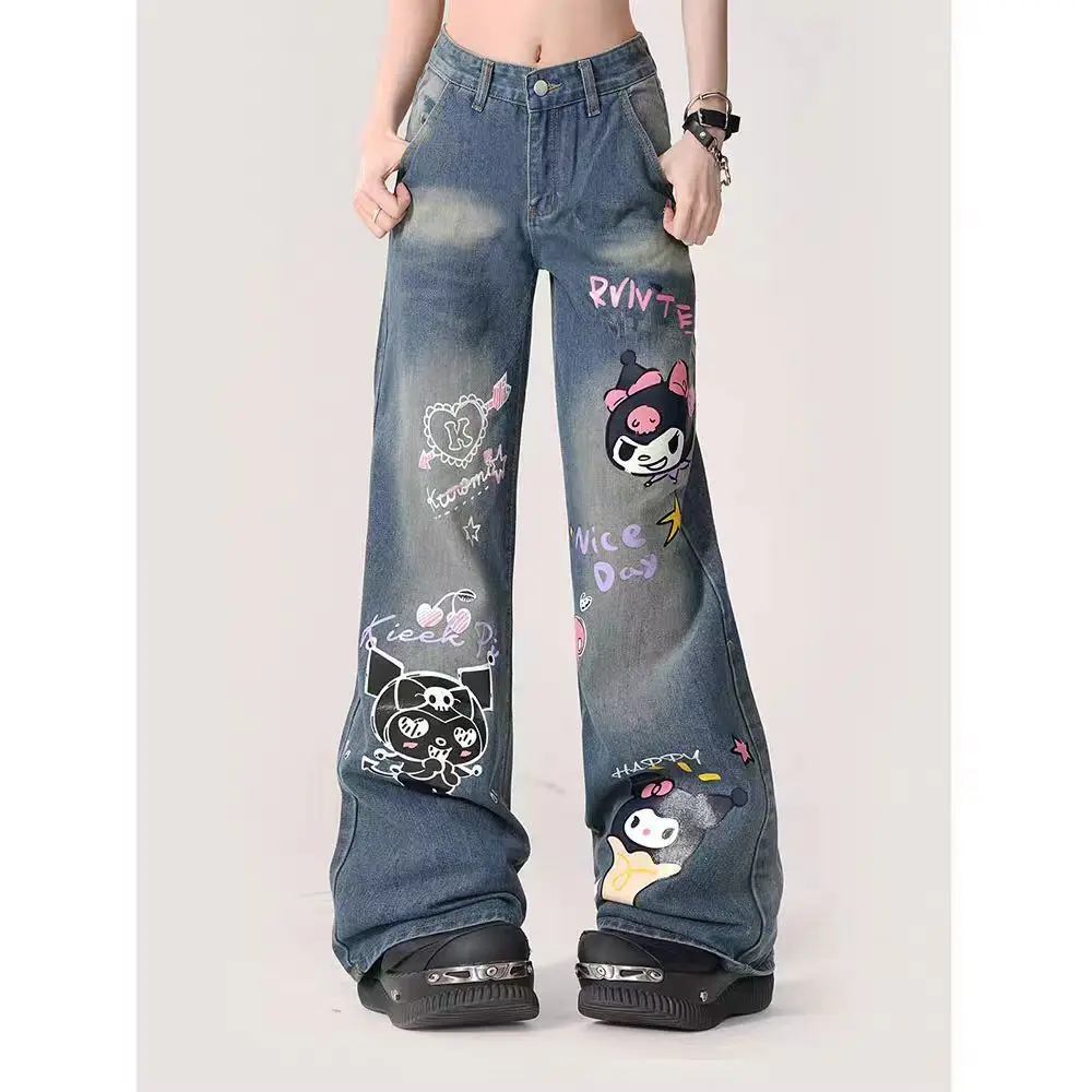 Kuromi Micro La Jeans Women\'s Summer New Cartoon High Waist Loose Slim Wide Leg Pants Kuromi Birthday Gift