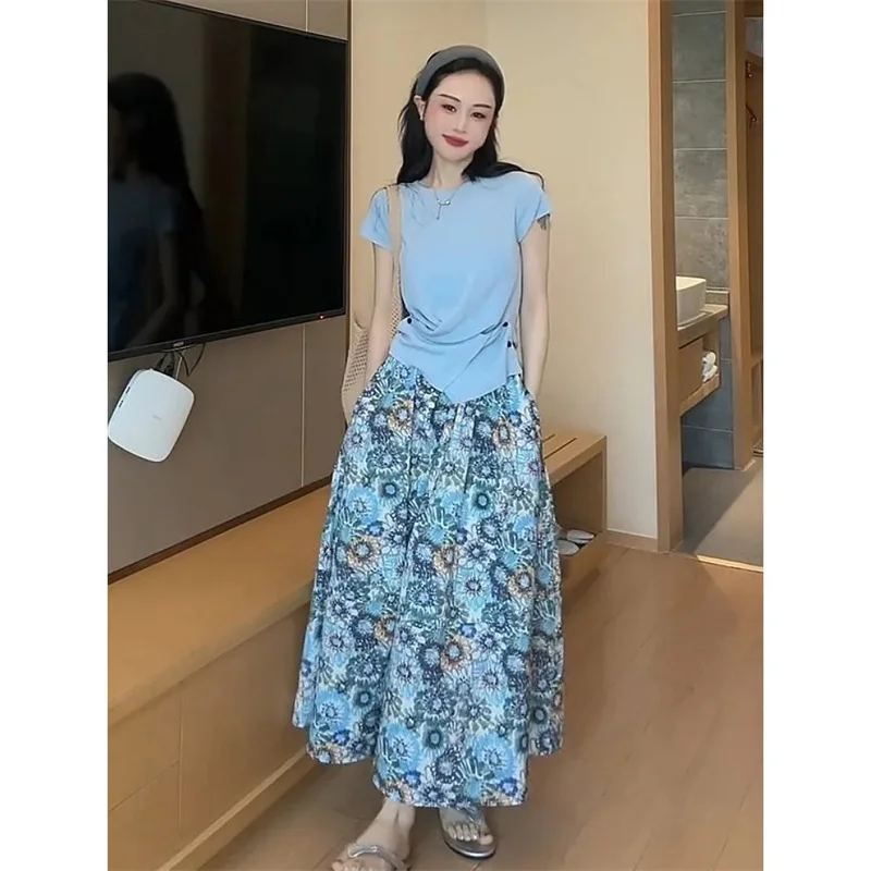 Sense Of Design Women Round Neck Skirt Outfit Korean Ladies Floral Print Long Skirts Summer Femme Tops Maxi Skirt Two-piece Suit