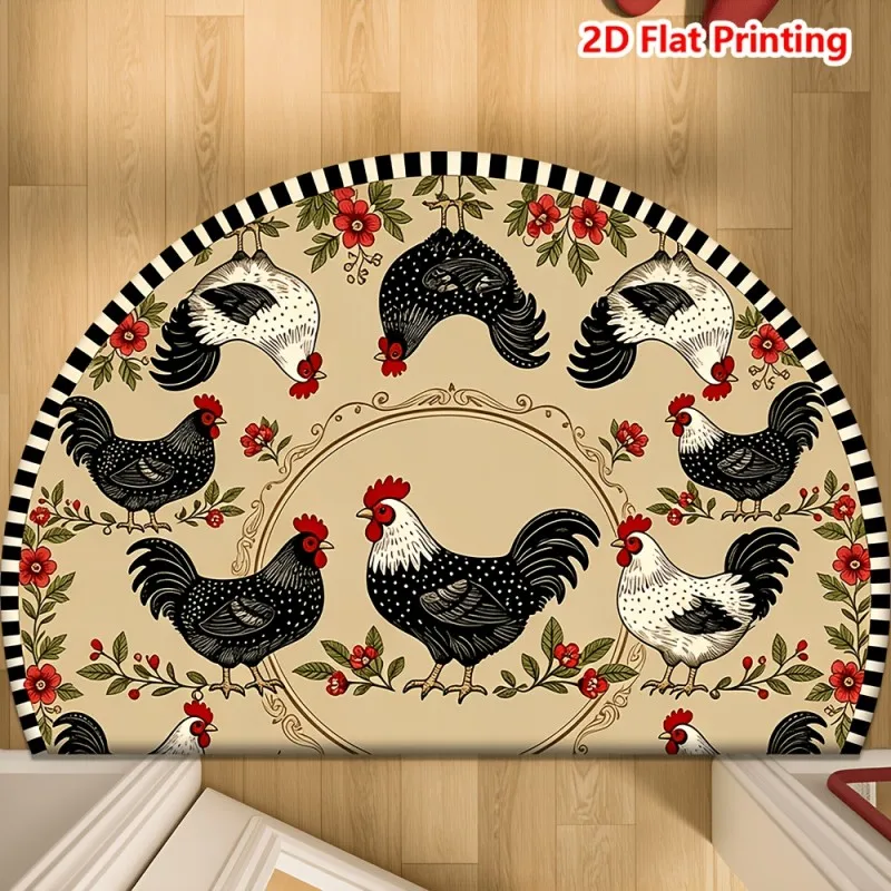 Farmhouse Chicken Semicircle Doormat Vintage Rooster and Floral Print Non Slip Floor Mat for Rustic and Country  Home