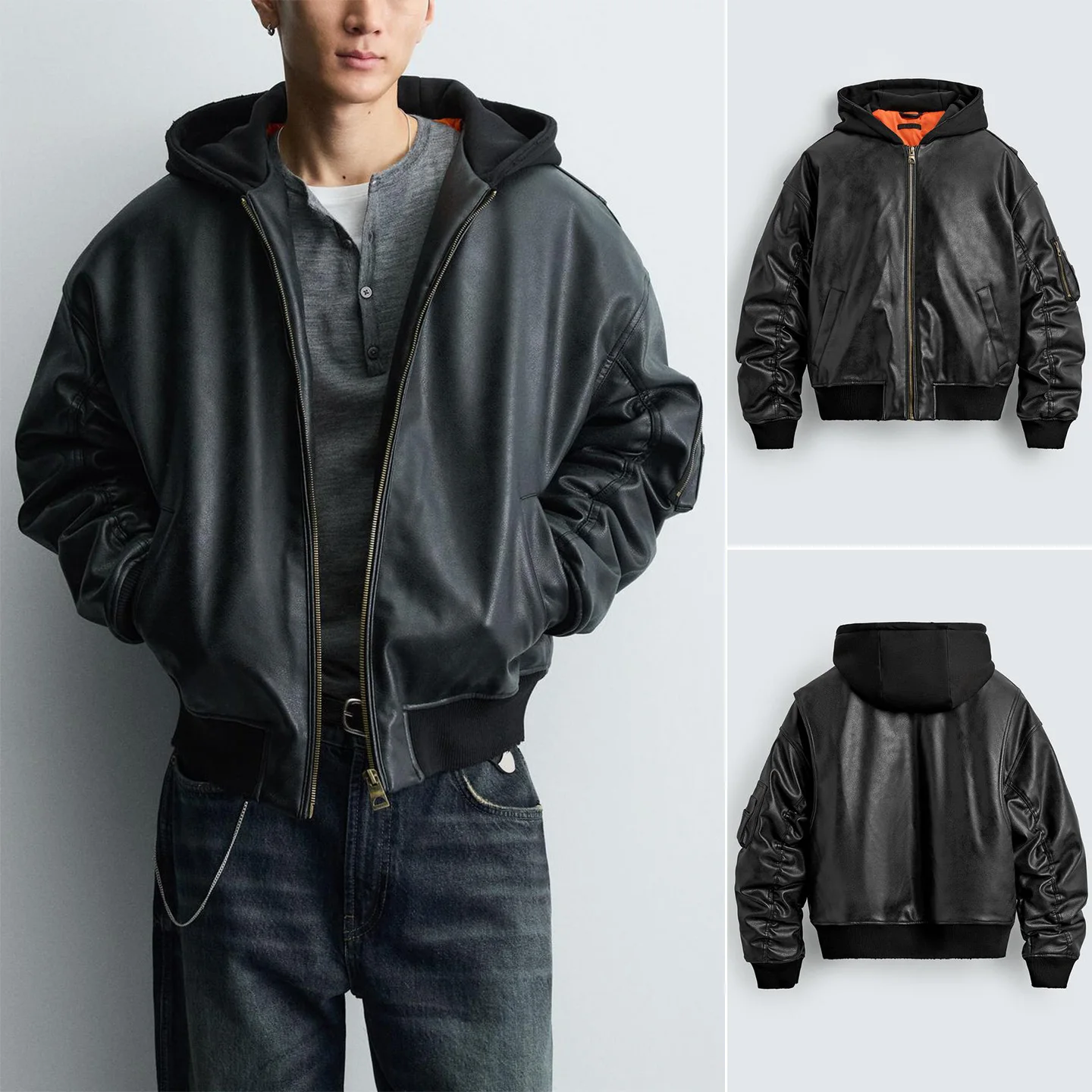 

Faionable Loose Casual Patchwork Hooded Faux Leather Jaet New Winter Men's Clothing Stand Fit Polyester Fiber Long Sve