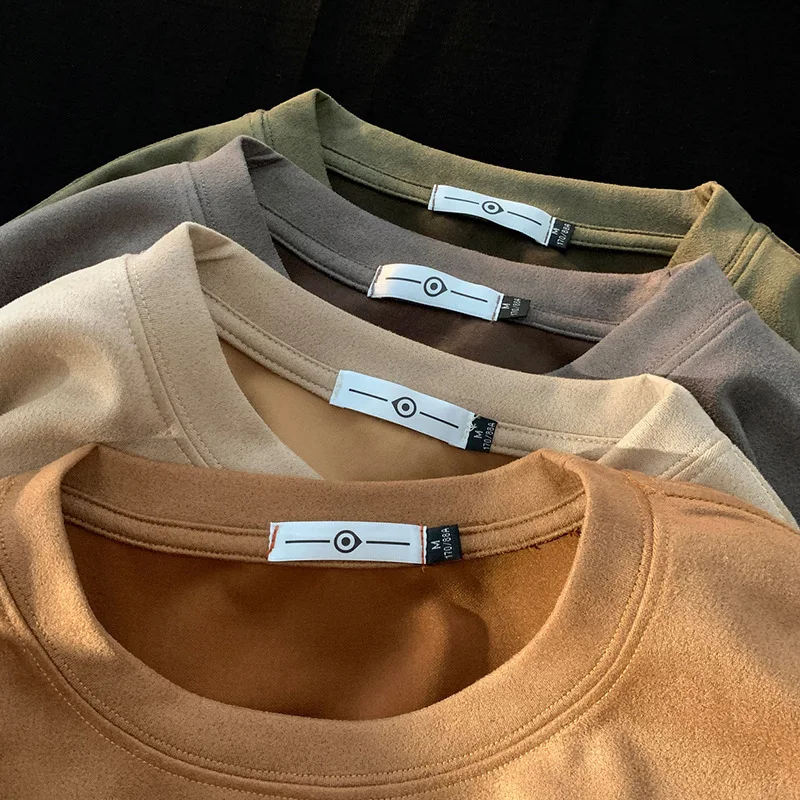 Suede Fabric High Quality Pullover T-shirts Men's Summer Fashion America Style Oversize O-neck Short Sleeve Tees Chic Streetwear