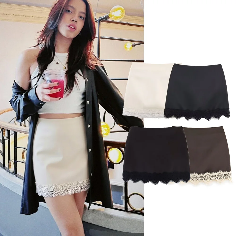Women Mini Patchwork Lace Skirts Casual Stain Solid Female Short Skirts Summer OL High Waist A-line Skirt